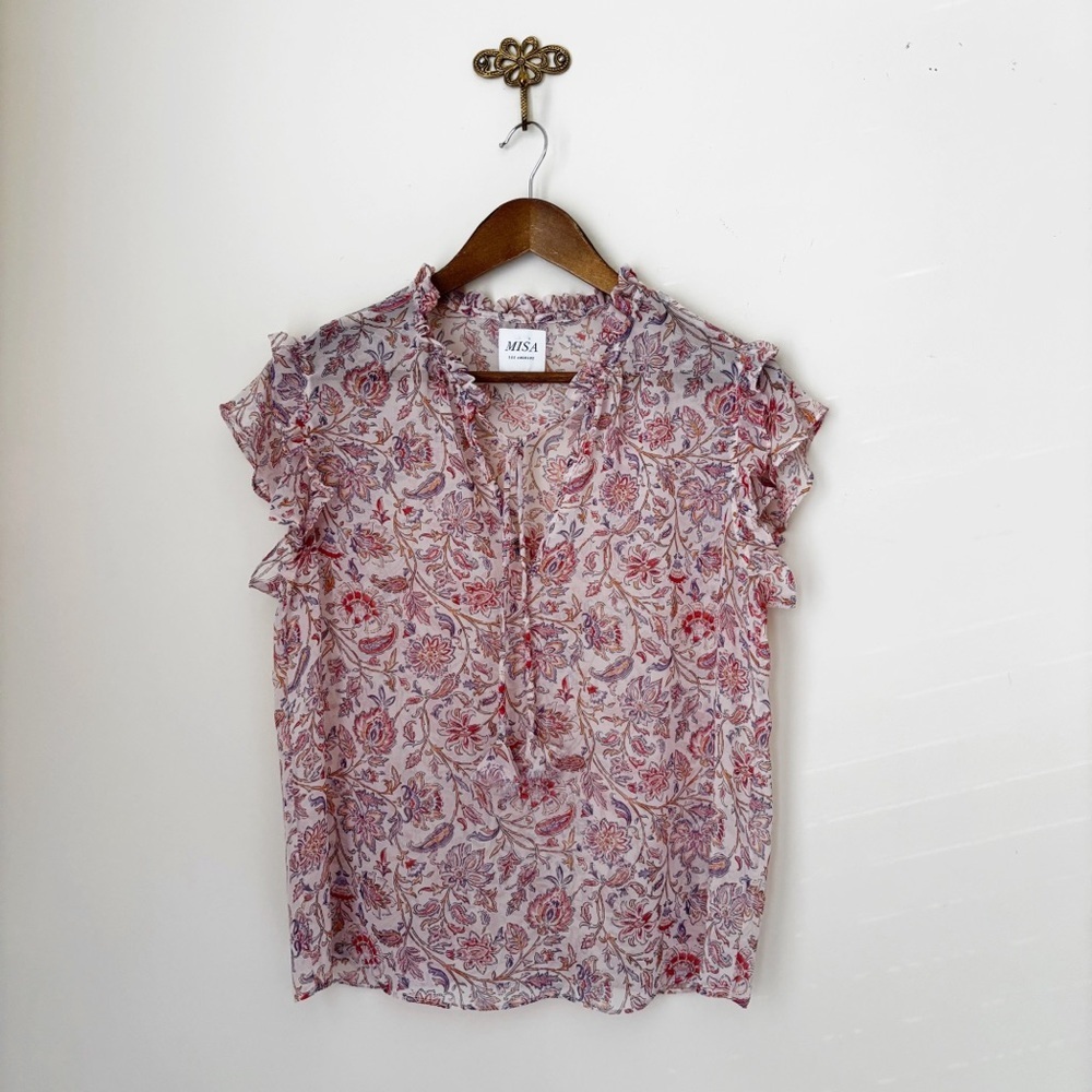 MISA LA Pink Paisley Floral Chiffon Ruffle Blouse XS